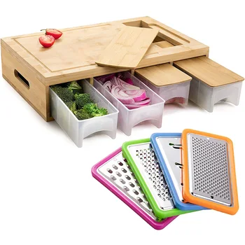 Bamboo Cutting Board with Containers Sturdy Meal Prep Station for Kitchen Includes 4 Graters 4 Trays with Lids for Food Storage