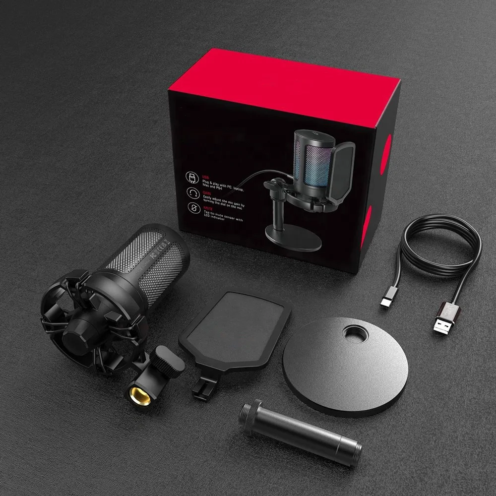 Factory Wholesale Professional Studio Recording Desktop USB Podcasting Live Stream RGB Gaming Condenser Microphone for Karaoke