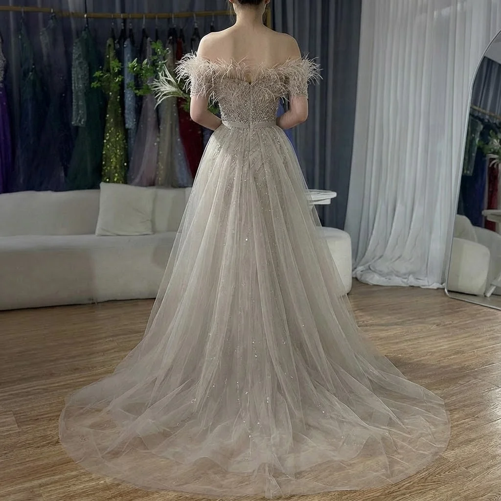Serene Hill LA71634 Dubai Luxury Green Beaded Feathers Mermaid Evening Dress with Overskirt Wedding Party Gowns for Women