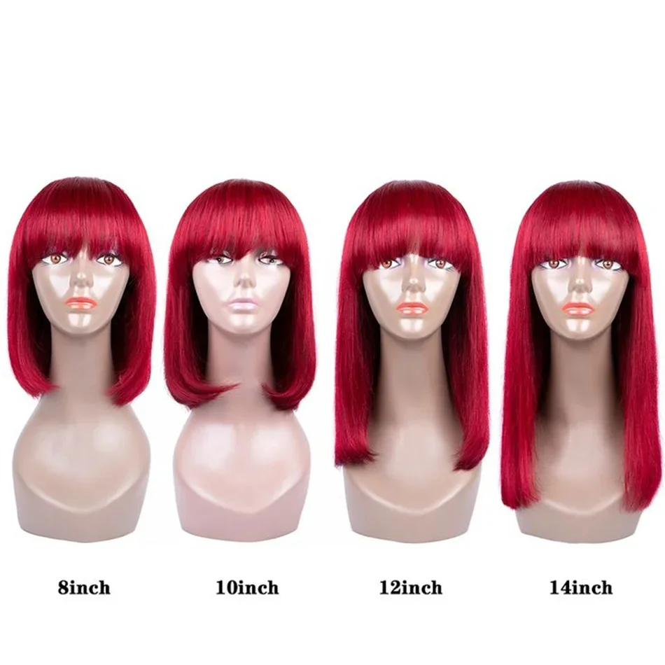 Pelucas de cabello humano brasileño liso corto de color 99J con flequillo, estilo bob, Remy, completamente hechas a máquina para mujeres, resaltado burdeos_voghion.com