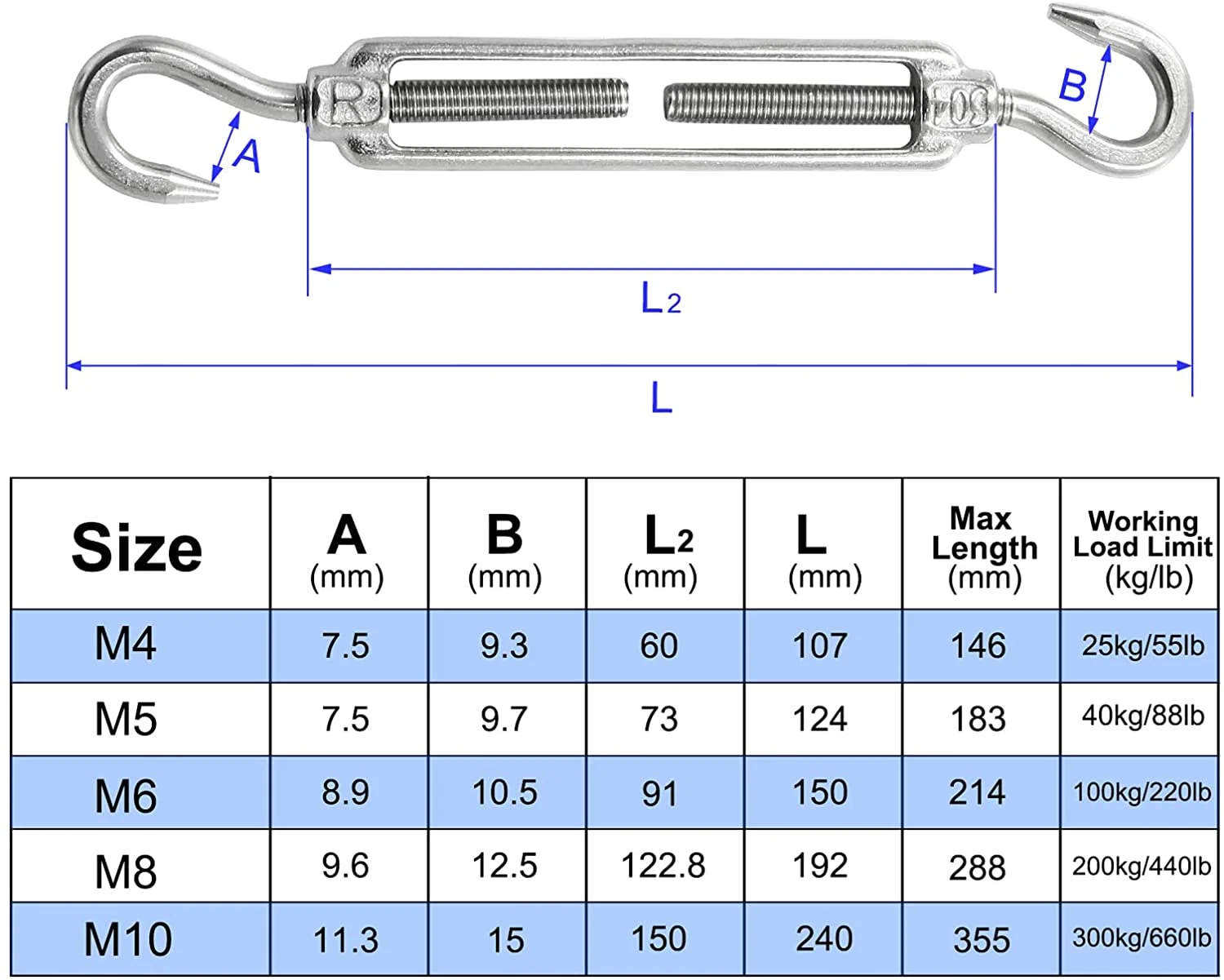 Custom Two Ending Hook Wire Rope Tension 304 Stainless Steel Turnbuckle