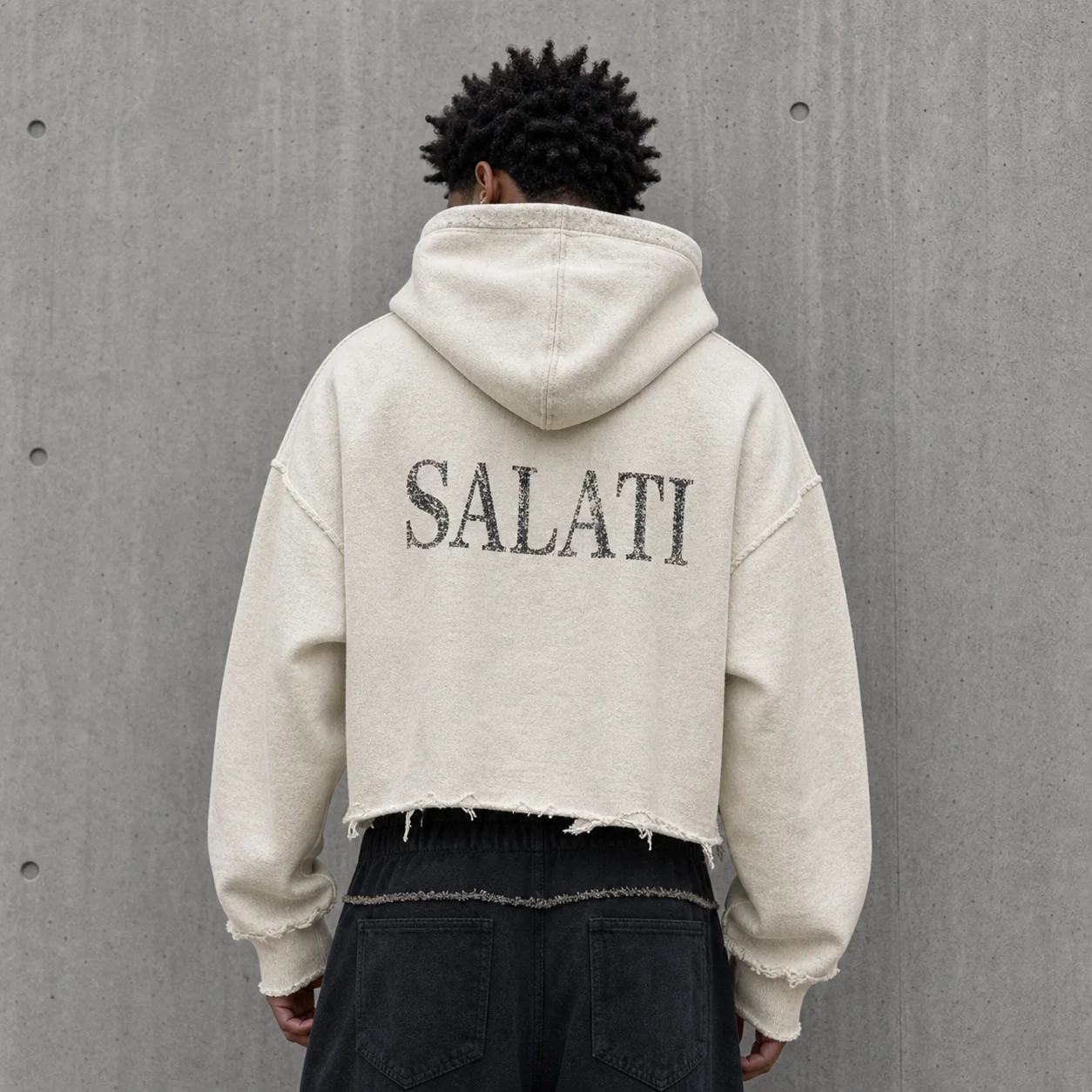 OEM Custom Cream Washed Men Hoodies Ripped Hole Oversized Pullover Raw Edge Long Sleeve Casual Streetwear Supplier Men Hoodie gallery 3
