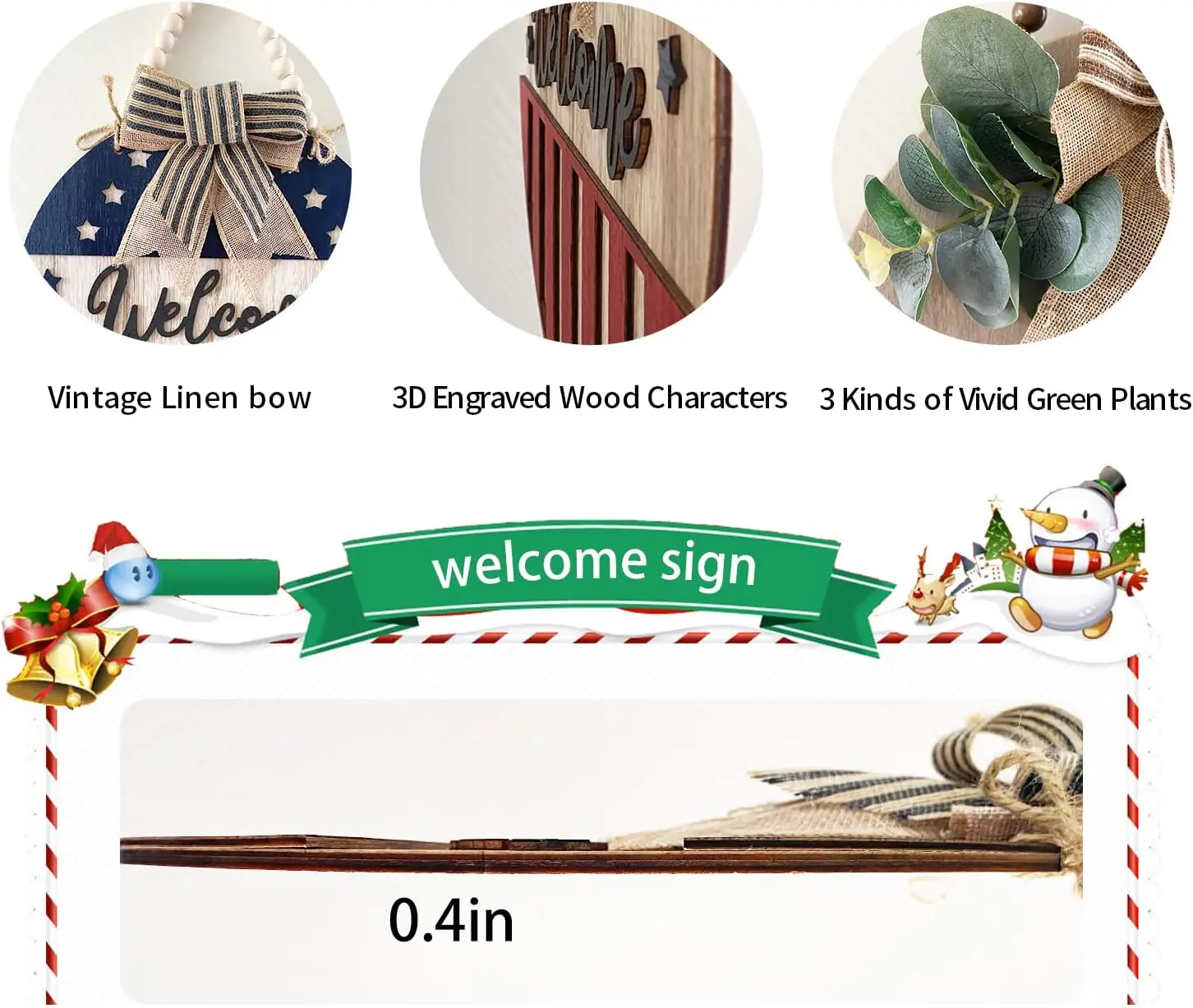 3D Welcome Sign for Front Door | Home Farmhouse Porch Decor Wooden Hanging Sign with Artificial Leaves and Rustic Beads