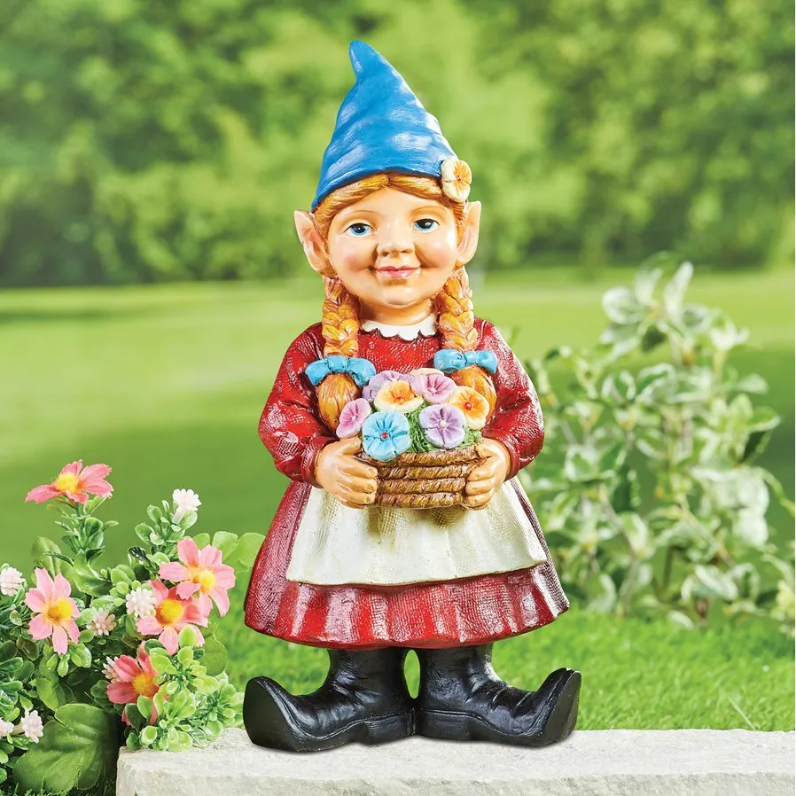 Grand Gnome D'automne Fille 40 Cm - Statue Plâtre Intérieur/extérieur - Déco Saisonnière