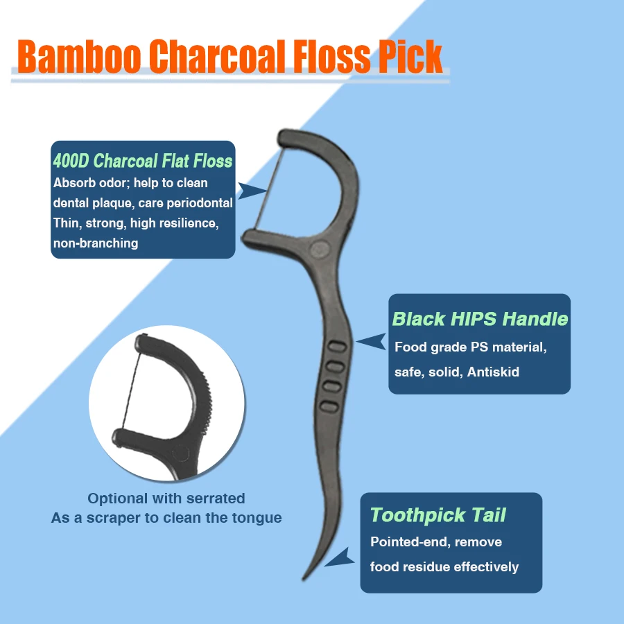 Private Label Biodegradable Toothpick Disposable Oral Bamboo Charcoal/Wooden/Wheat Straw/Plastic Flosser Stick Dental Floss Pick