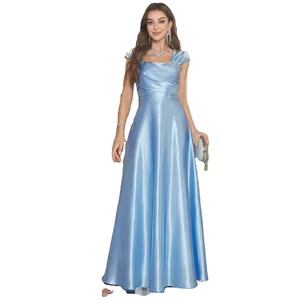 Elegant Empire Waist A-Line Turtleneck Satin Evening Gown Petal Shoulder Ruched with Ruffles Digital Printing Maxi Size Solid