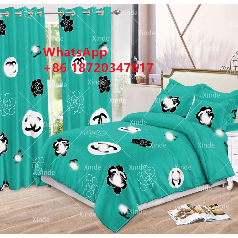 Customized Cotton 6pcs Designer Bedding Set With Matching Curtains