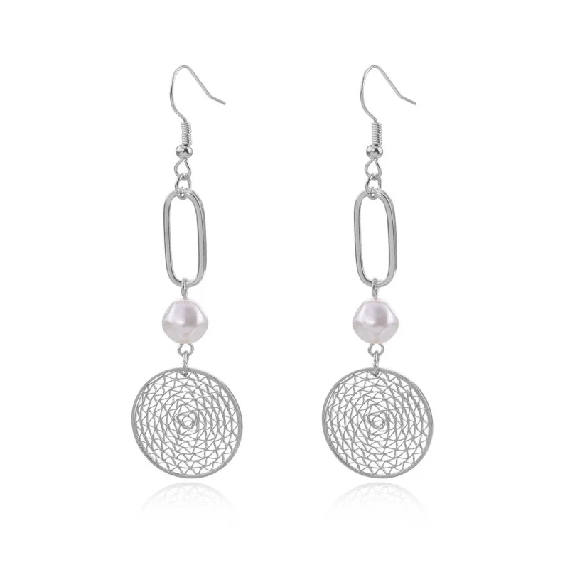 Wholesale 18k Gold Stainless Steel Geometric hollowed-out circle pearl Earring for Women