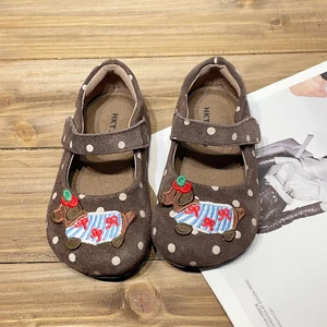 TBS Autumn Casual Girls Dance Dress Shoes for Birkenstock-Style Suede Retro Polka Dot Soft-Soled Slip-On Baby Girls Flat
