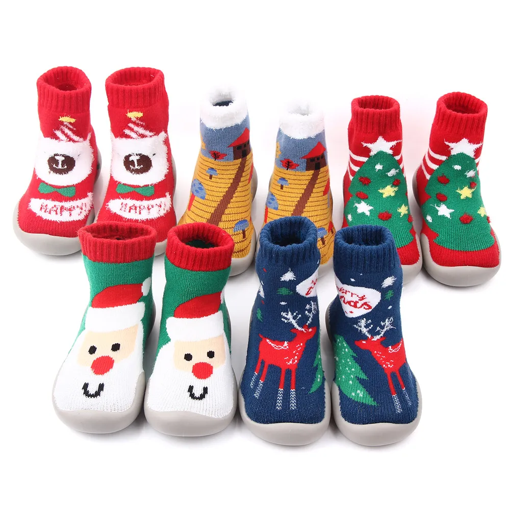 Cute Baby Christmas Santa Claus, Trees, Elk Printed Kids Animal Knitted Rubber Soled Antiskid Sock Shoes