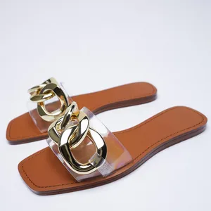 new style design summer open toe Metal Chain flat base women's slippers transparent beach platform sandals for women and ladies