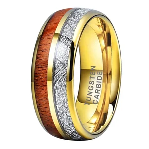 Coolstyle Jewelry 8mm Wholesale Koa Wood Meteorite Inlay Gold Tungsten Ring for Men Women Fashion Engagement Wedding Band