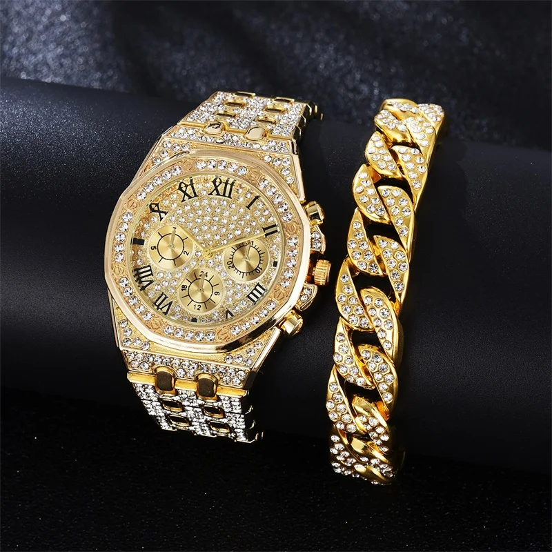 Men's Gold Bling Rhinestone Quartz Hip Hop Wrist Watch Watches Luxury ...