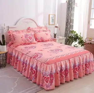 2026 Hot Selling Printed Colorful Lace Bed Skirt With Pillowcases 3pcs Mattress Protector Cover Twin Queen King Size Bed Sheets
