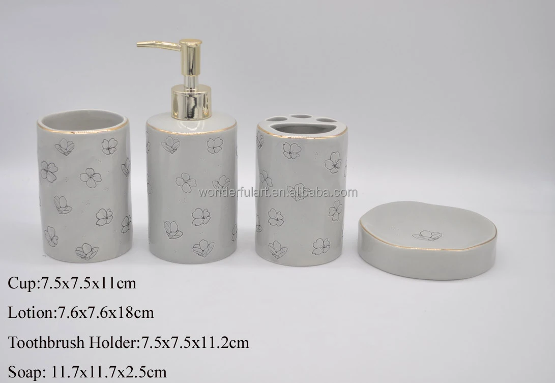 White Flower Design Stoneware Soap Dispenser Gift Bathroom Sets for Homeware