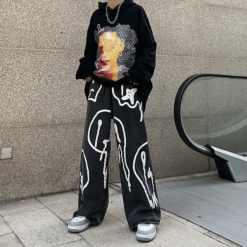 Ins Style Retro Dark Print Graffiti Paint Unisex Jeans Casual Wide Leg Jean Trouser for Ladies Latest
