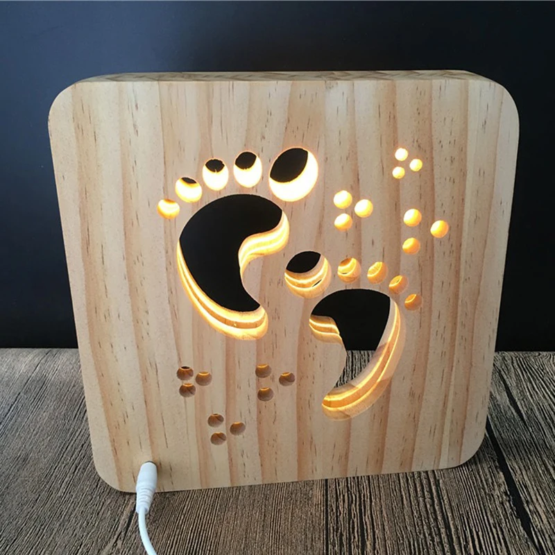 Wholesale Creative Wood Lamp LED Night Light 3D Wood Carving Sign Pattern USB Port Mood From