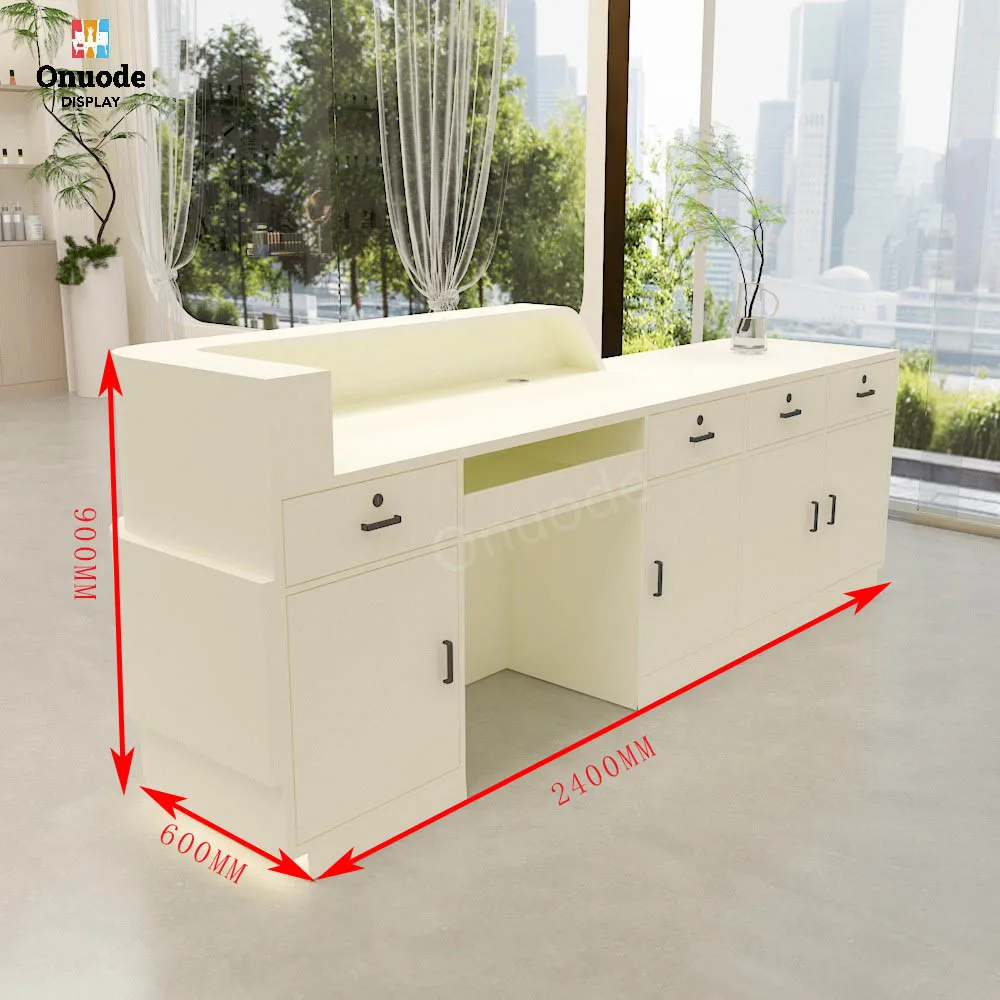 Custom Hotel & Salon Reception Desk | LED Cashier Checkout Counter | Front Counter Showcases for Office & Beauty Store