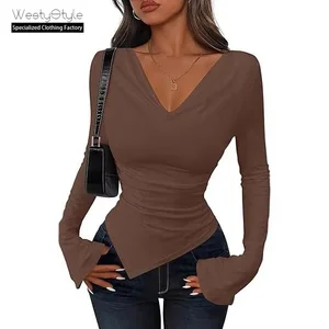 2026 Women's Stylish Solid Design Asymmetric Slim Pile Collar Top Long Sleeve Cross-Border Casual Top Front Sexy for Europe