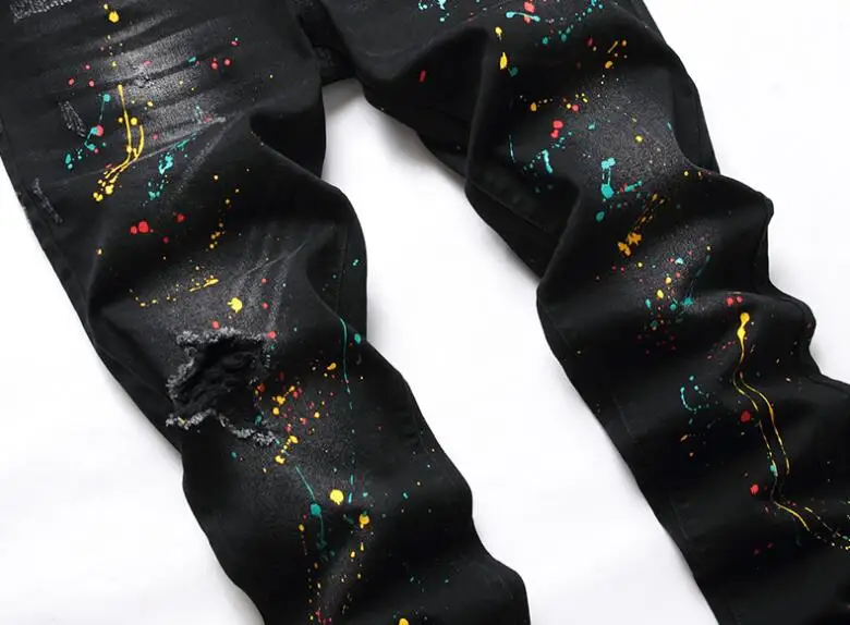 Spray paint hole Slim fit pants skinny jeans for men splash-ink ripped jeans Leisure Biker Hole jeans streetwear