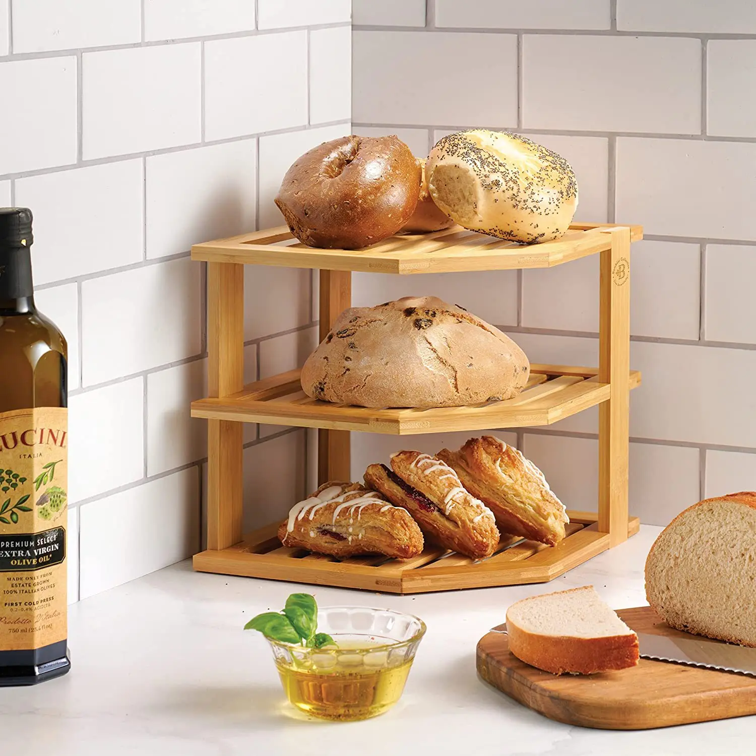 Estante de esquina organizador para encimera de cocina, de bambú, con 3  niveles de almacenamiento para baño, especias, escritorio, estantería, con