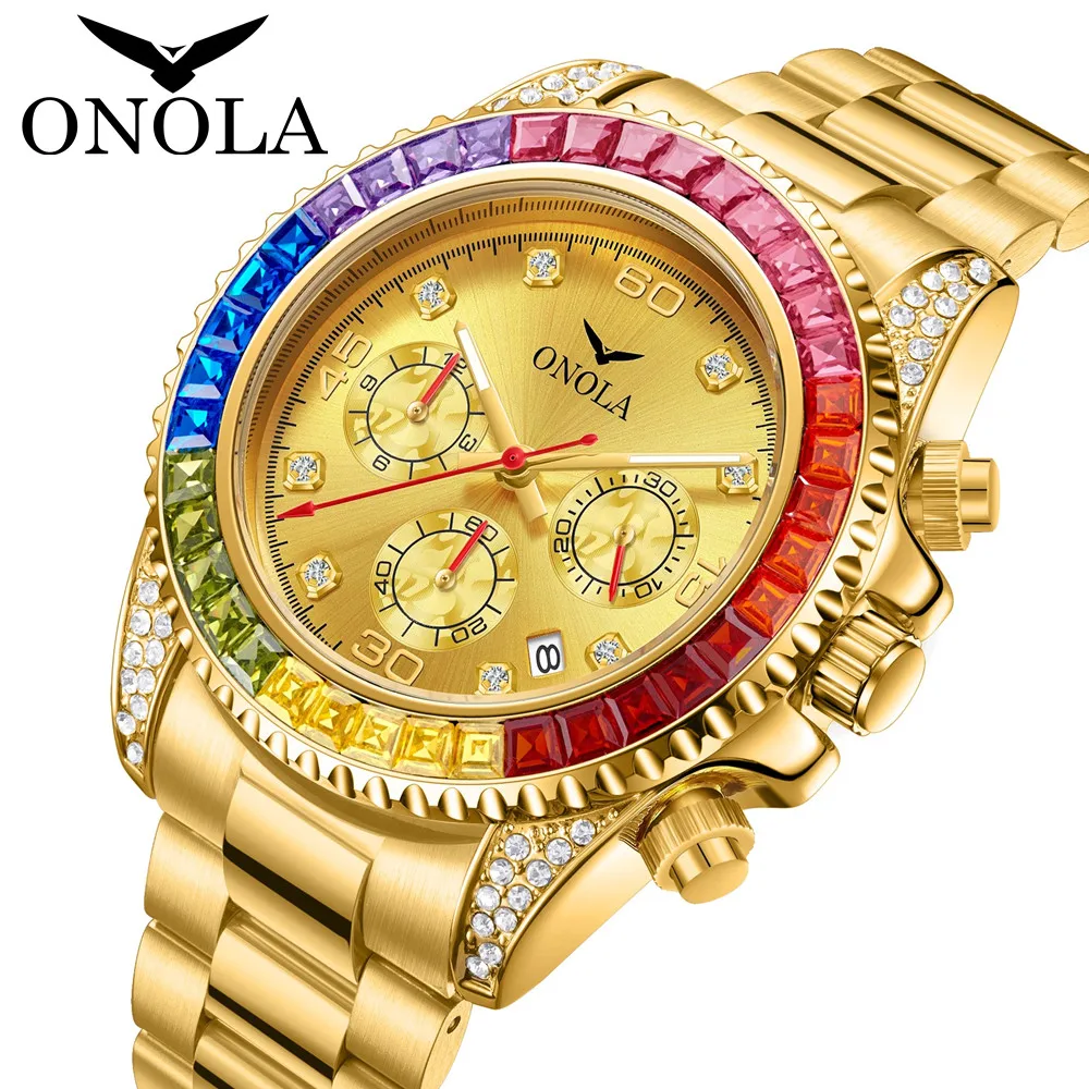 Binda Women\'s Gold Rainbow Quartz Stainless Steel Bracelet Elegant Dial Watch Binda Luxury Iced-Out Quartz Watch with Calendar, Mother-of  main image 4