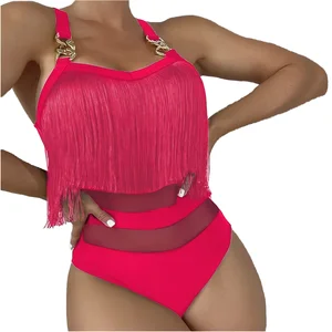 2026 Custom Logo Women Sexy Flowy Fringe Mesh Spliced One-Piece Swimsuit Spaghetti Strap Bikinis Tummy Control Full Bathing Suit