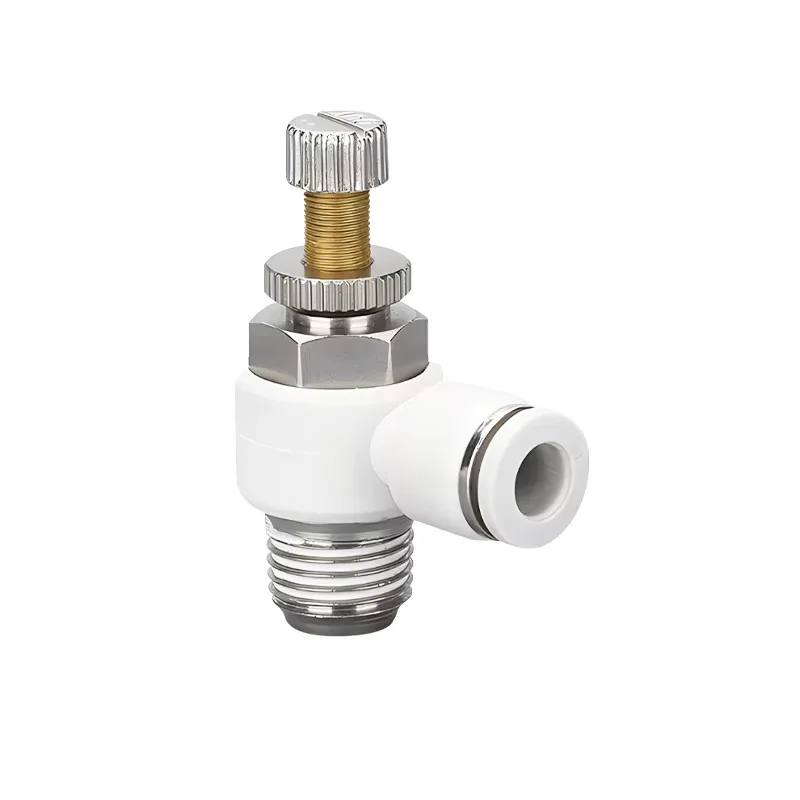 Przemysłowy pneumatyczny plastikowy zawór regulacyjny prędkości przepływu jednokierunkowego – ogranicznik przepływu do cylindra, zawór zwężkowy SL4-M5/6-01/8-02/10-03/12, biała rura powietrzna