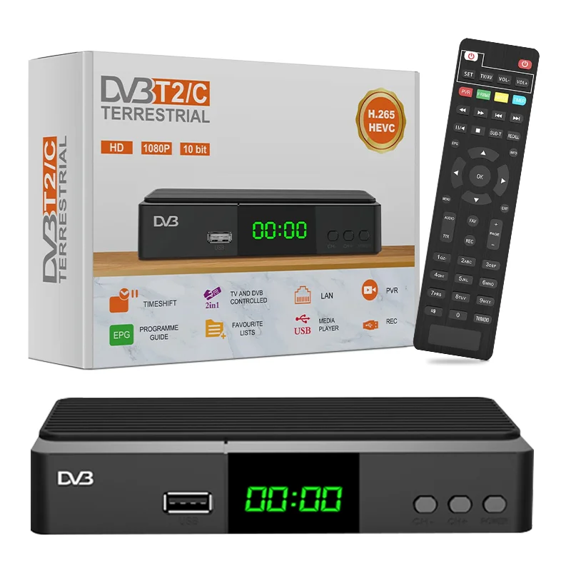 DVB-T2 Receiver, Free To Air (FTA), 480i / 480p / 576i / 576p / 720p /  1080i / 1080p, H.265, 1000 Channels, Parental control, Electronic  program guide, Remote controlled