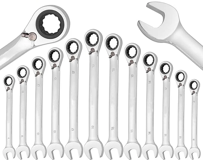 FLZOSPER 14mm Reversible Ratcheting Wrench Set - 8-19mm Metric Geared Box End & Open End Spanner For Tight Spaces