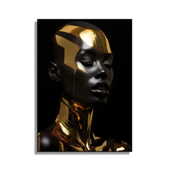 Wholesale African American women Portrait with LED lights hanging on wall luxurious golden wall arts and paintings Home decor