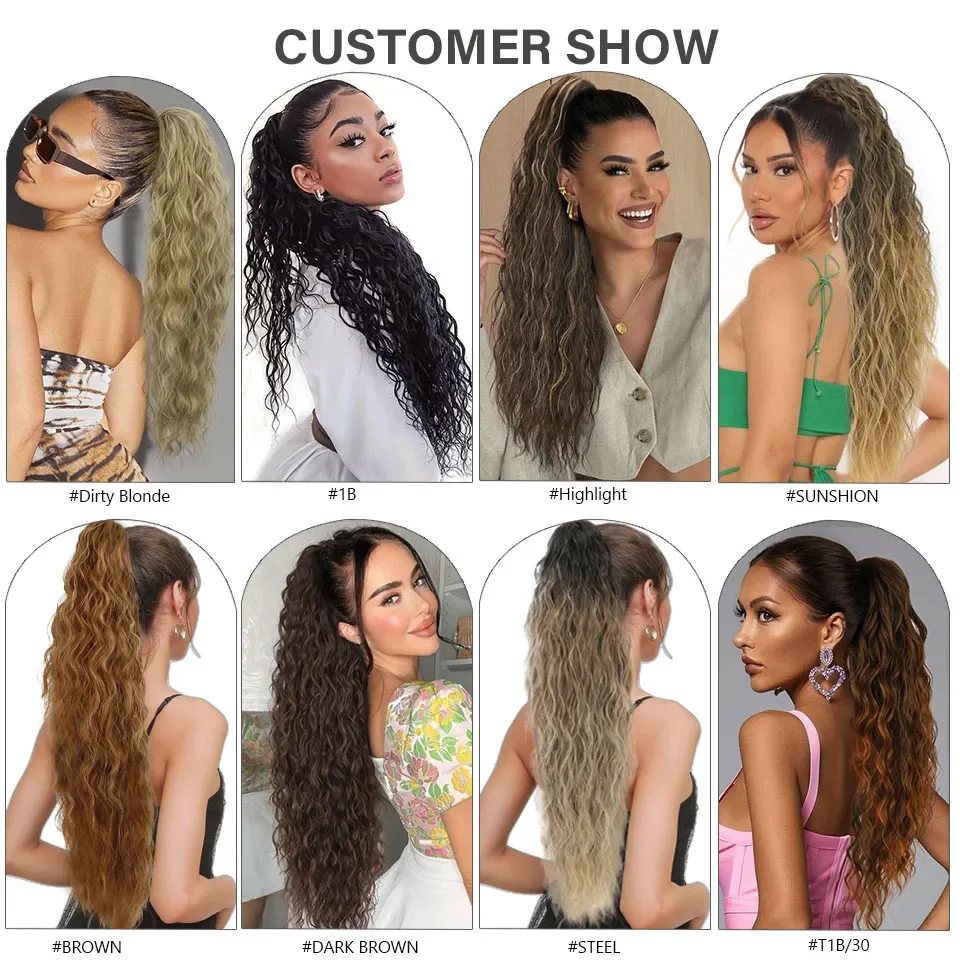 Water Wave Drawstring Ponytail Hair Extensions 170g 26in Curly Pony tail Natural Black Color 100 Brazilian Remy Human Hair 1B_voghion.com