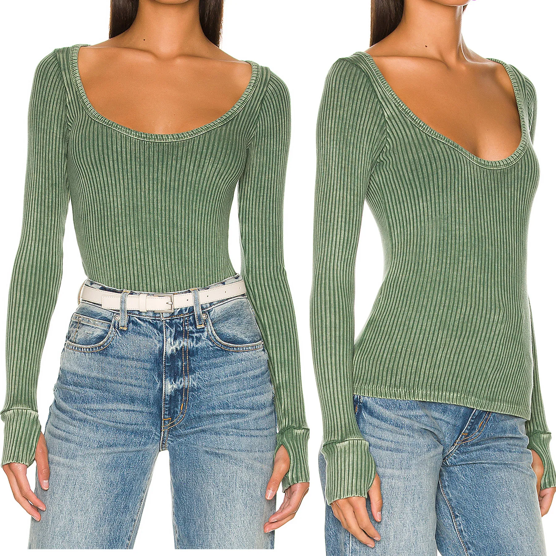 New Collections Simple Plain Color Jersey Crew Neck Long Sleeve Tops Casual Slim Knitted Rib Bodysuit