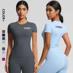 Custom Logo Nylon Spandex Fabric Tight Crew Neck Basic Short Sleeves Yoga Fitness Workout Gym Sports T Shirt