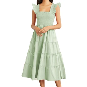 2026 High Quality Modest Style Best Selling Square Neck Ruffle Shoulder Flare Clothing Women Fashion Casual Elegant Dresses