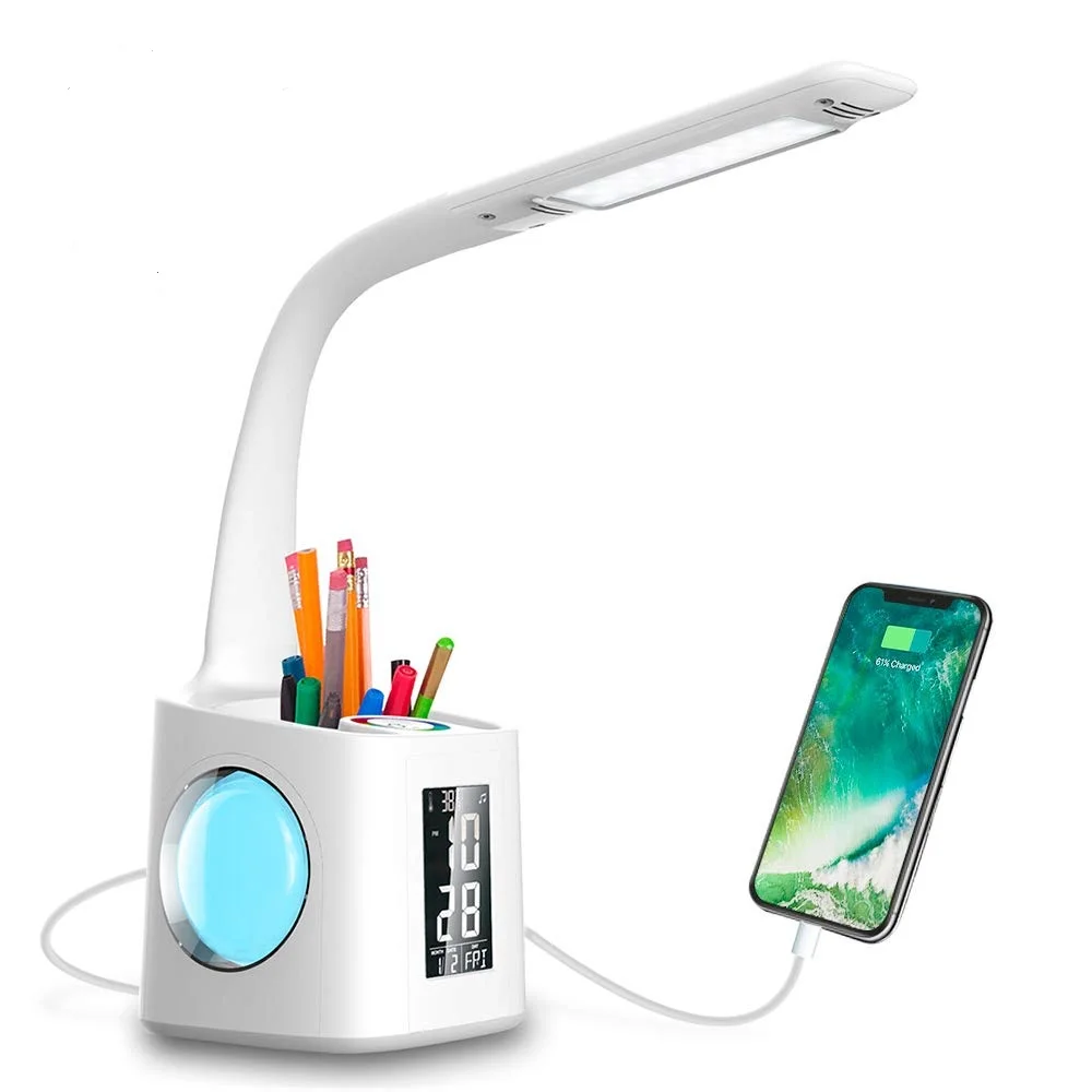 Student Study office Modern Pen Holder USB Screen Alarm Clock Calendar Night reading Light Kids Dimmable LED Desk Table Lamp