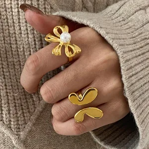 New Arrival 18K Gold Open Butterfly Pearl Ring Stainless Steel Finger Jewelry Waterproof & Non-Tarnish Trendy Style