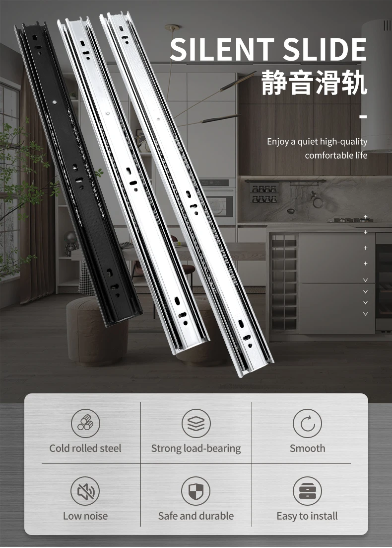 45mm White Zinc 3 Fold Metal Dotted Drawer Slide Track Quiet Ball