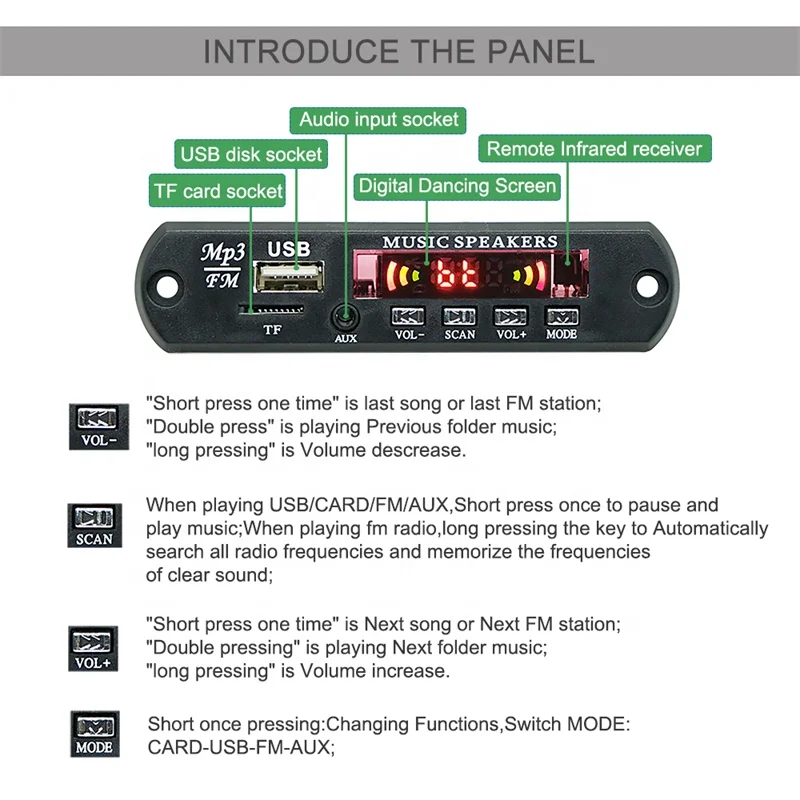 Audio Player MP3 USB Bluetooth Module Wireless Bluetooth Radio FM Folder Record Board 12V