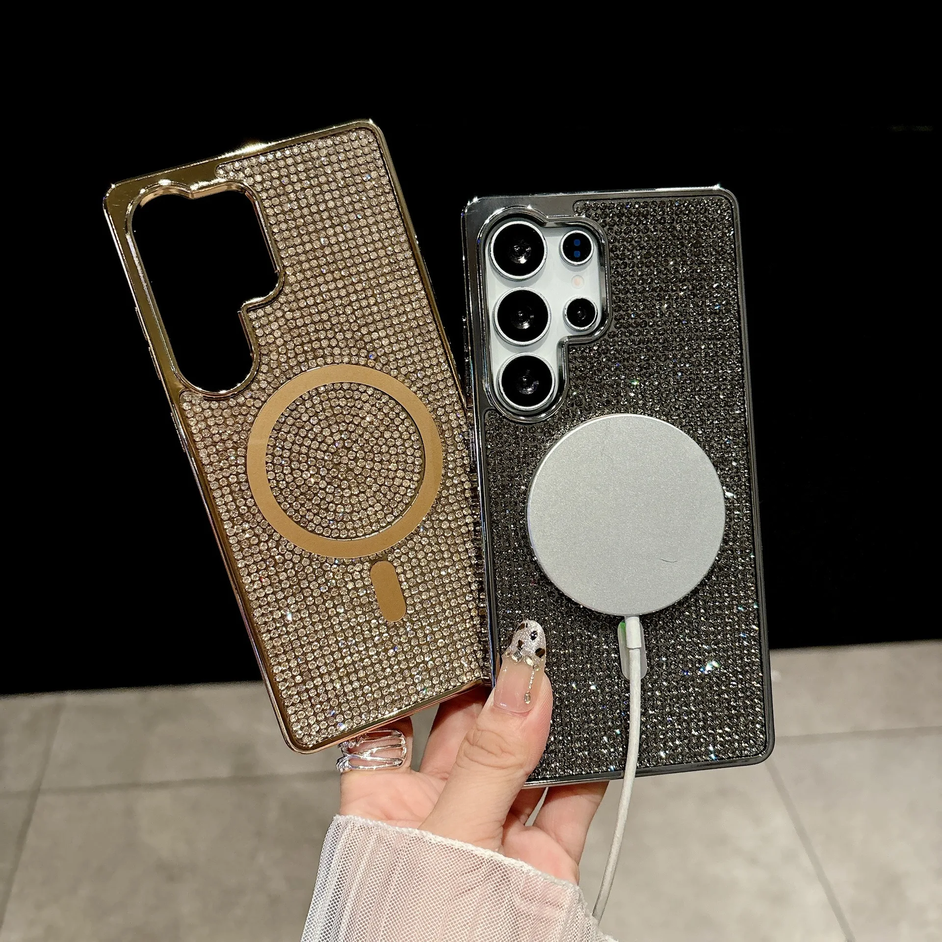 Electroplated Luxury Rhinestone Glitter Magnetic Phone case for Samsung S22 S23 S24 S25 ultra Thousand Diamond Drop-proof Covers