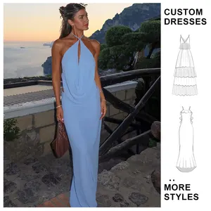 Custom Ladies Dresses Slim Fit Maxi Casual Dress Sleeveless Hanging Neck Open Back High Waist Bodycon Design Women Clothing