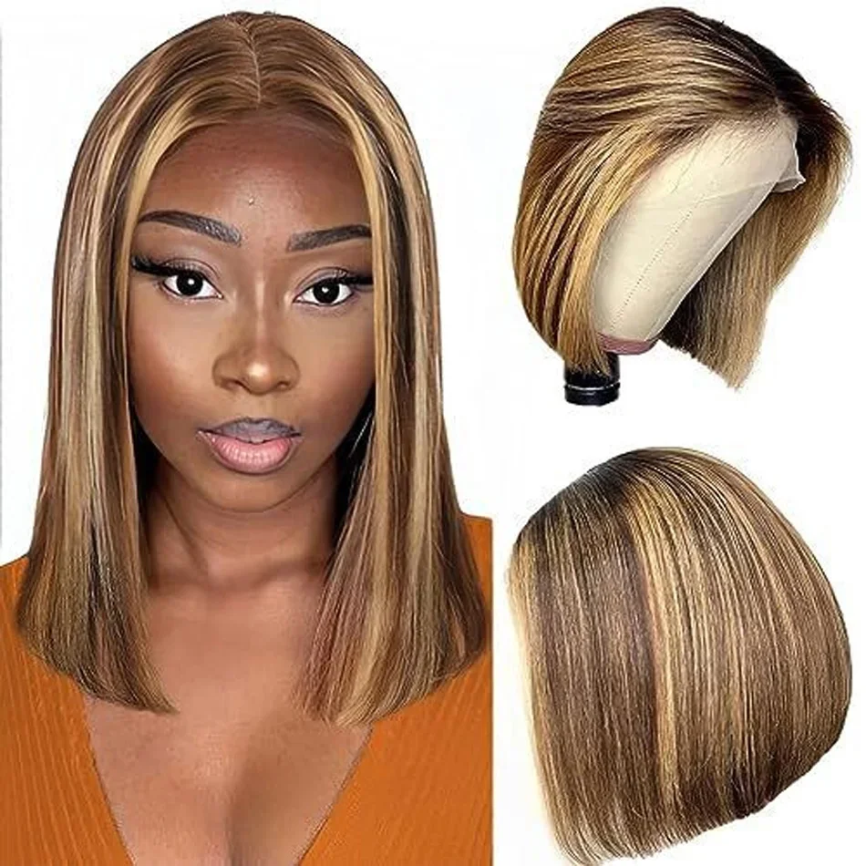 100% Human Hair Straight Short Bob Wigs Highlight 4/27 Peruvian Remy Human Hair Lace Wig for Women Daily Use_voghion.com