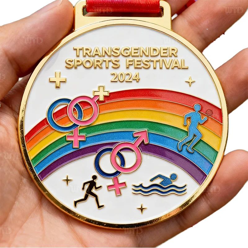 Medalha Personalizada de Fábrica Econômica para Corrida Esportiva com Fitas, Design Personalizado, Formato Redondo, Medalha Metálica Dourada Transgênero