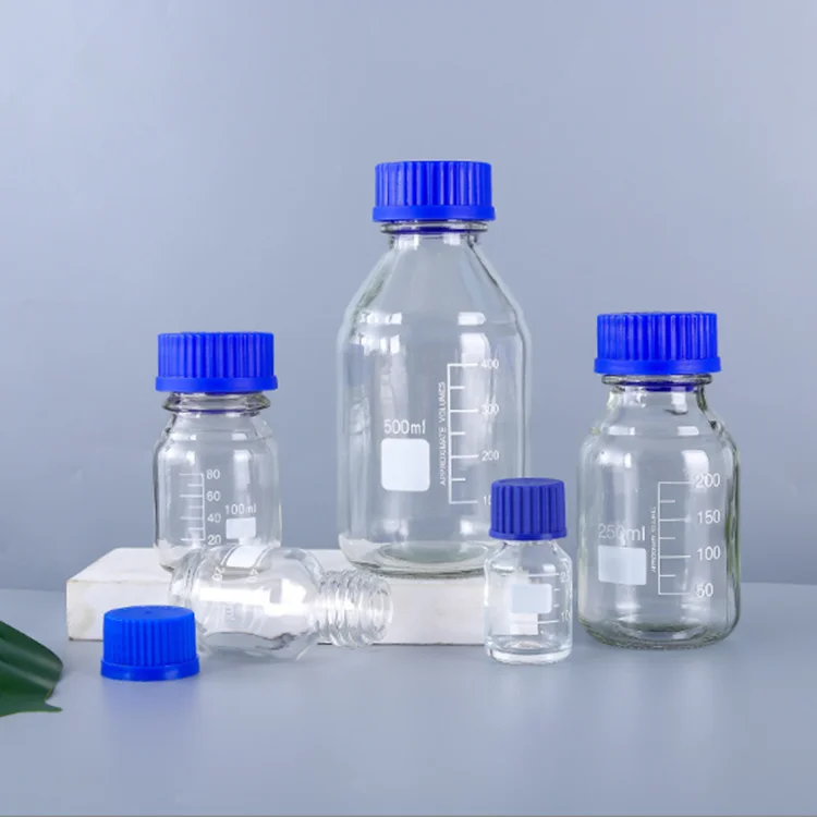 化学用クリアガラス試薬瓶（60ml・250ml・500ml・1000ml）青キャップ