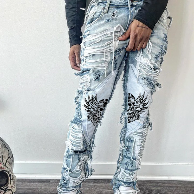 DiZNEW Street Fashion Menswear Designer Jeans With Zipper and Lace Ribbon Tear Cotton Jeans for Men Men Clothes Summer
