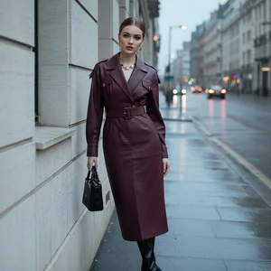 ZYHT 80340 New Winter Spring European Style Clothing Women Chic Lapel Belt Slim Fit PU Leather Career Street Dress Ladies