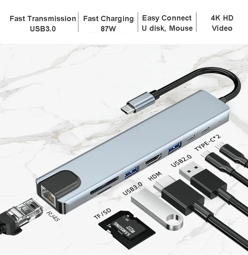 8 в 1 док-станции 4K HD Ethernet TF карты SD USB 3,0 типа C для RJ45 8 портов USB HUB для macbook адаптер