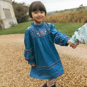 Customized OEM and ODM  Elegant Deep Indigo Blue Embroidery Flora Long Sleeve Zipper  Girls Dress Outfit