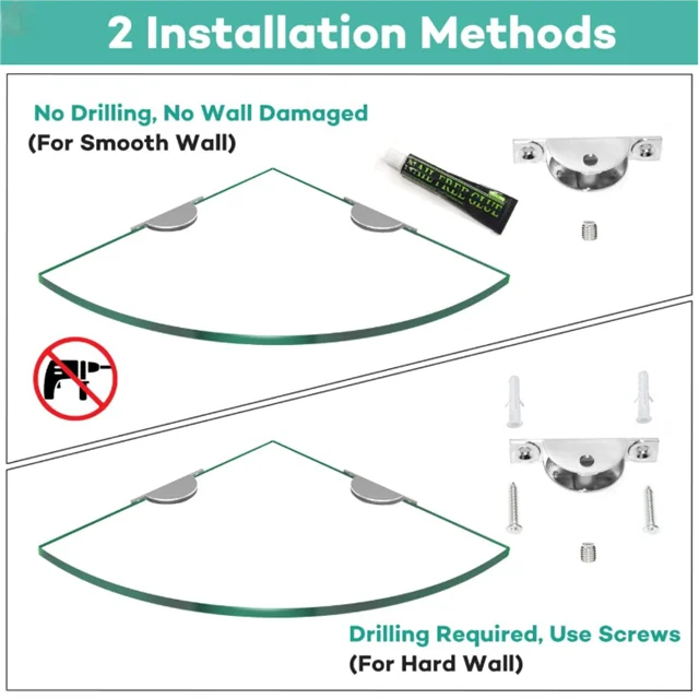 Glass Corner Shower Shelf, Tempered Glass Shelf Wall Mount, Shower Ball Bag Organizer, Bathroom Corner Glass Shelf