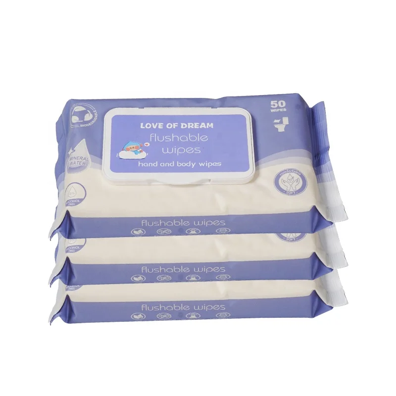 WW5550 Custom Logo 55g Biodegradable Non Woven Single Pack Wet Wipes Hand Body Flushable for Baby Adults 50Pcs Cleansing Wipes